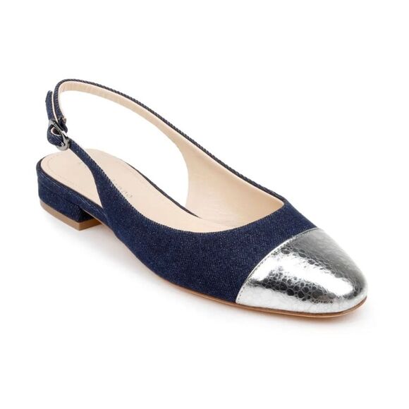NWT Dee Ocleppo Mumbai ballerina slingback shoes Navy Blue Denim Silver Size 9 - Picture 1 of 8